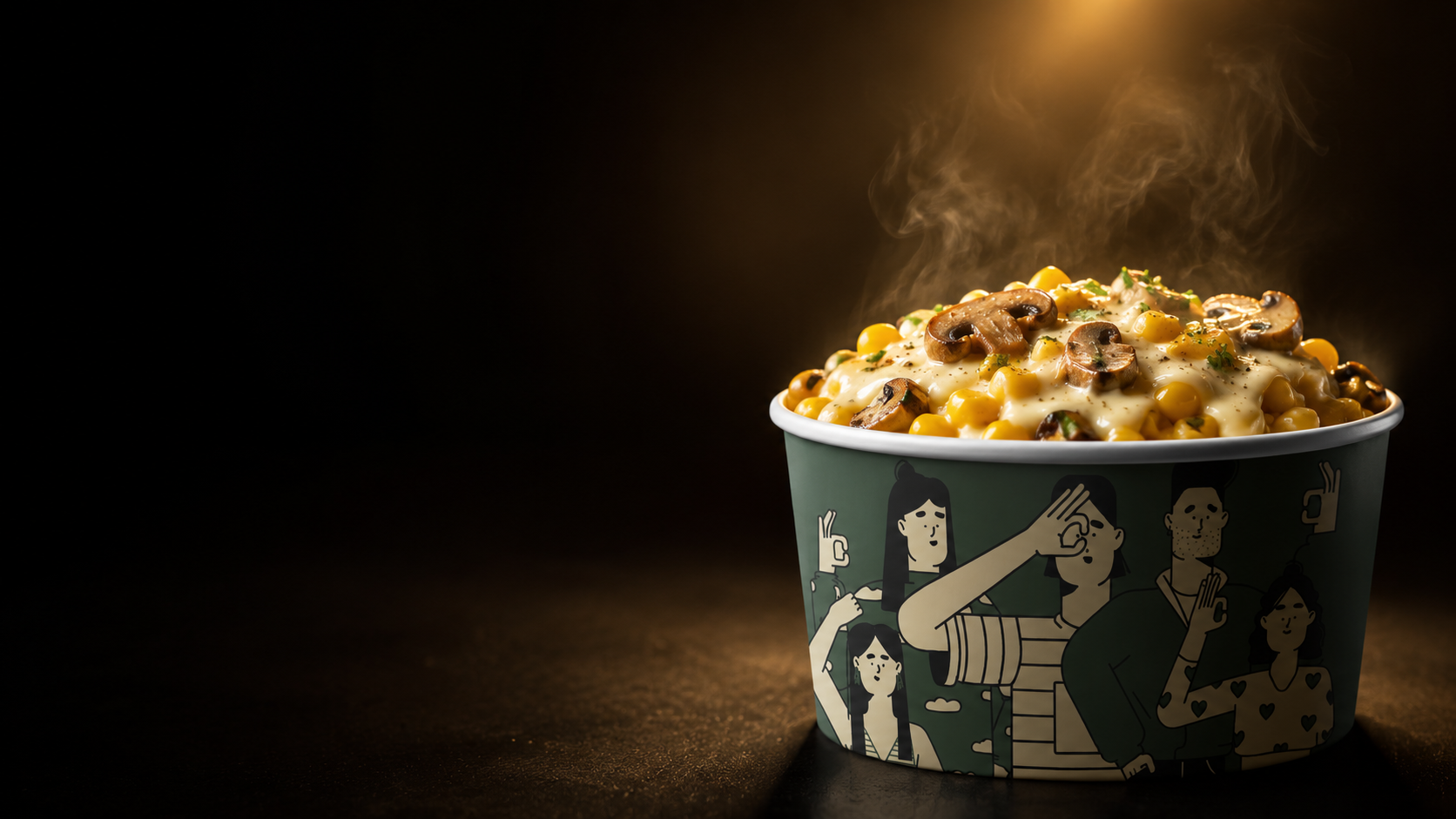 Kornova golden corn cup with melted cheese, mushrooms, and steam